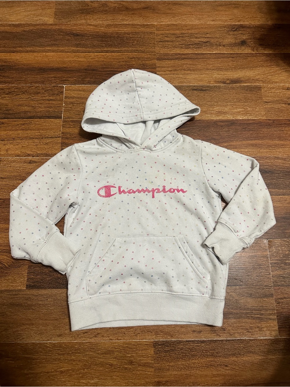 Champion Hoodie with Pink Script Logo and Tiny Multicolor Dots